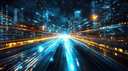 Futuristic Cityscape at Night with Glowing Lights and Dynamic Speed Lines