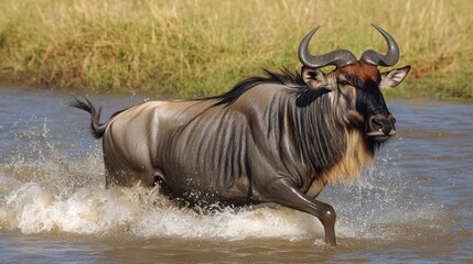 Blue wildebeest running through shallow water.