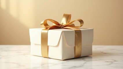 A beautifully wrapped white gift box with a luxurious golden ribbon rests on a marble table.