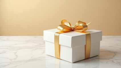 A beautifully wrapped white gift box adorned with a luxurious golden ribbon and bow sits on marble.