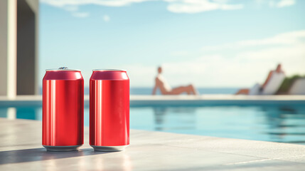 Fototapeta premium Mock up of aluminum drink can sitting near a pool in a sunny day and there are people enjoying the sun in the background