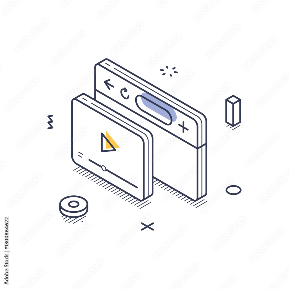 Poster isometric line art icons symbolizing online education. the design includes elements like video playe