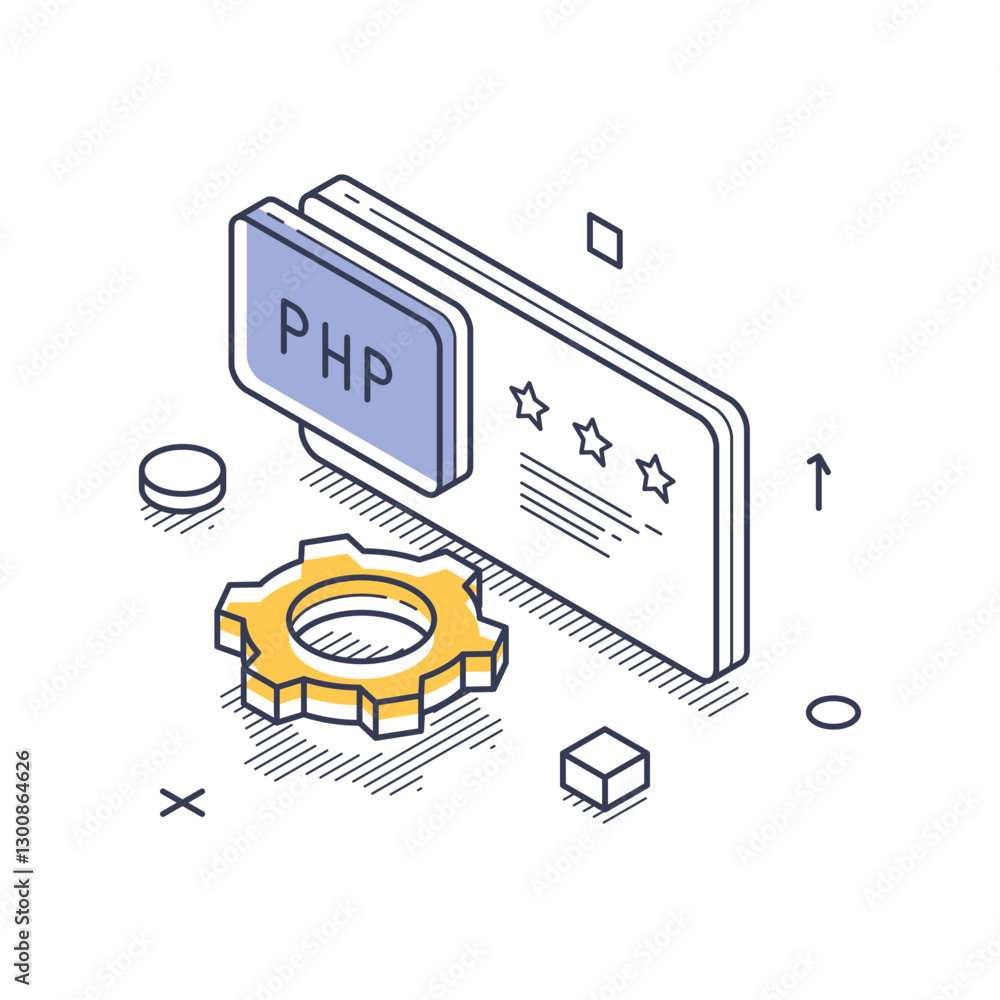 Poster isometric line art icon representing web development. it features a php badge alongside a yellow gea