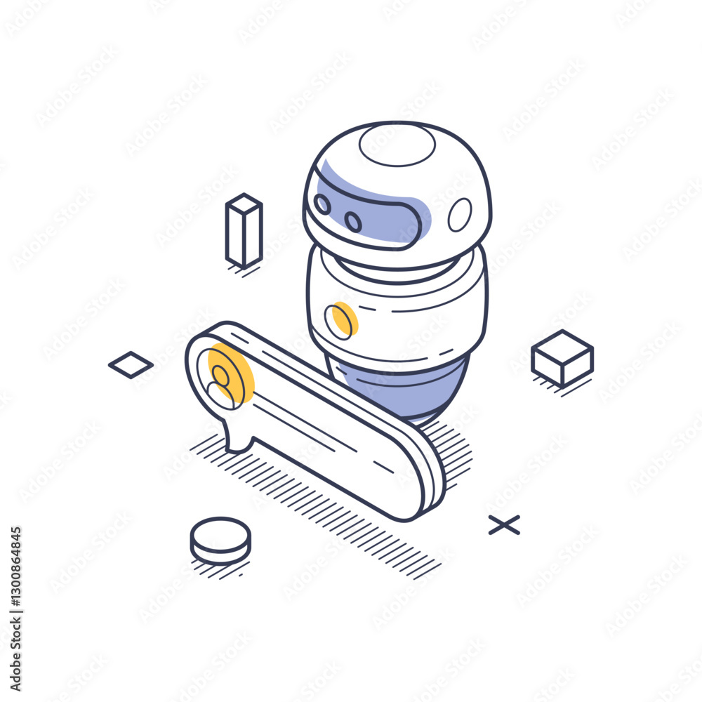 Aufkleber isometric line art icon features a technical support chat bot. surrounding geometric elements enhanc