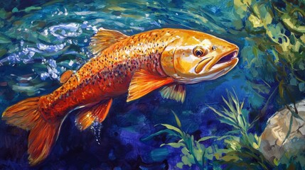 Fototapeta premium Vibrant underwater scene of a swimming trout in colorful natural habitat