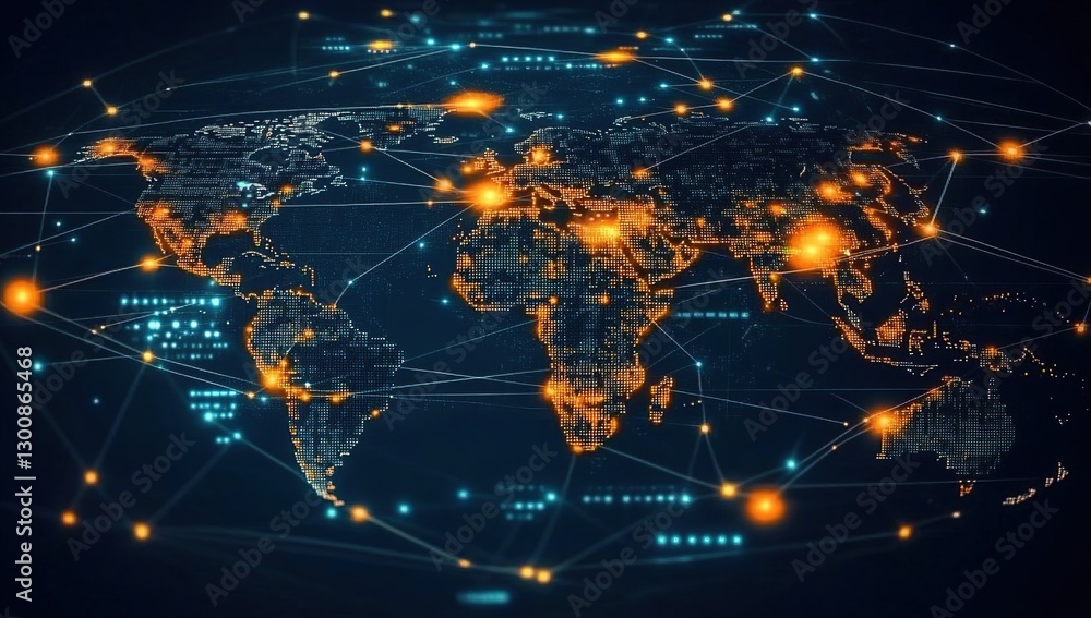 Poster global network connections: digital world map with orange and blue nodes