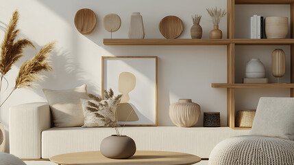 A living room with a white couch, a coffee table, and a few vases. generated using AI