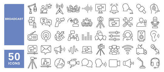 Set of 50 line icons related to broadcast, radio, interview, podcast, meeting, stream, video, audio, news, microphone, Editable stroke. Vector illustration