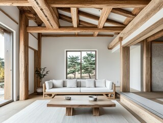 A minimalist wooden interior space with a sofa and natural light