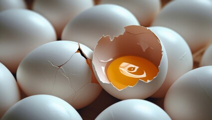 Close-up of White Eggs with One Broken Egg Showing Yolk, Generative AI