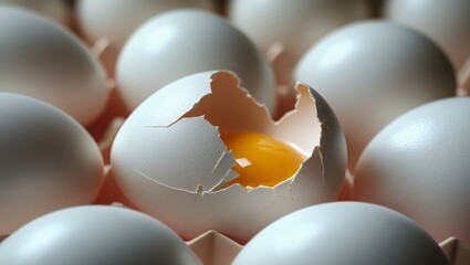 Close-up of White Eggs with One Broken Egg Showing Yolk, Generative AI