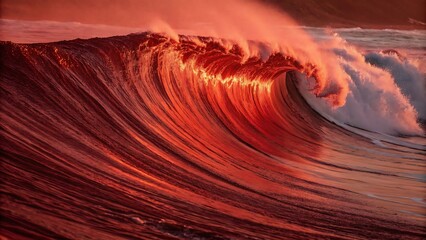 Obraz premium Fiery Sunset Ocean Wave Dramatic Red Hues & Dynamic Composition