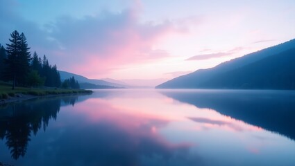 Fototapeta premium Calm lake reflecting a colorful sunset, surrounded by mountains and lush forests in the distance.