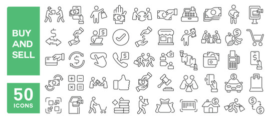 Set of 50 line icons related to buy and sell, shopping, commerce, retail, cart, pay, receive, funds, bill, store, shop, Editable stroke. Vector illustration