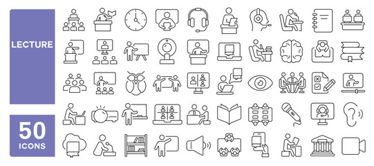 Set of 50 line icons related to lecture, teach, presentation, training, education, course, online, conference, session, audience, trainer, presenter, Editable stroke. Vector illustration