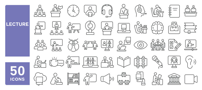 Set of 50 line icons related to lecture, teach, presentation, training, education, course, online, conference, session, audience, trainer, presenter, Editable stroke. Vector illustration