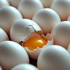 Close-up of White Eggs with One Broken Egg Showing Yolk, Generative AI