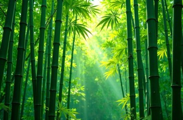 Serene bamboo forest with sunlight filtering through lush greenery