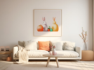 Obraz premium Minimalist modern living room interior with Easter and spring inspiration. Light walls, light couch with colorful pillows and bunny artwork on the wall. Easter interior decor