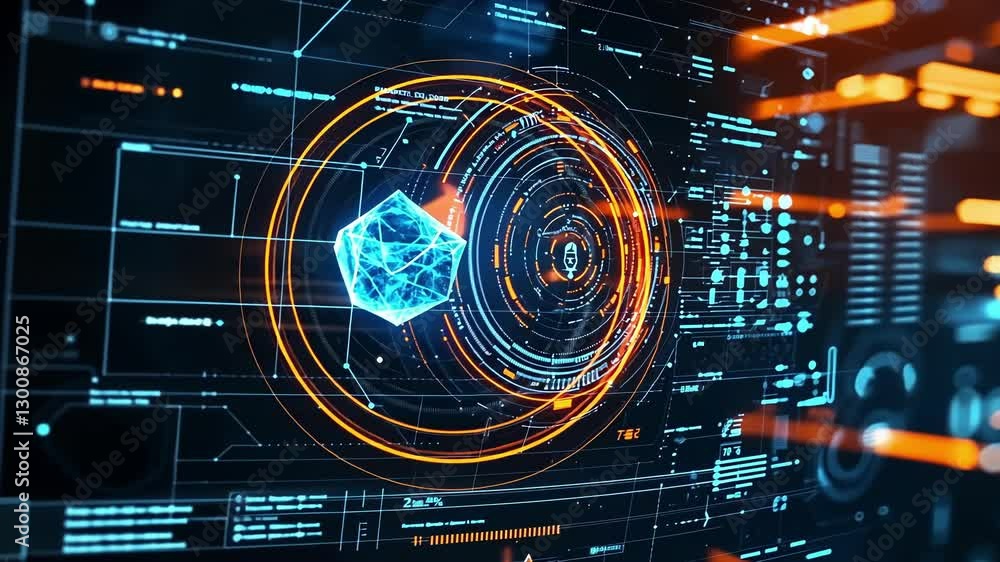Poster dynamic representation of a high tech digital interface featuring glowing geometric shapes and intri