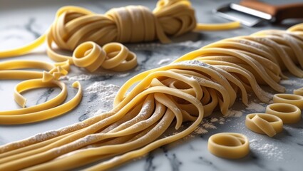 Homemade Noodles Laid Out on Marble Surface, Generative AI