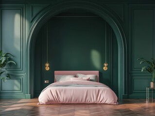 Elegant bedroom with arched alcove, pink bedding, and dark green walls.