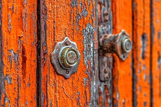 Weathered Entrance: An extreme close-up captures the essence of a rustic door with peeling orange paint and antique metal hardware, narrating a story of age and endurance. - Powered by Adobe