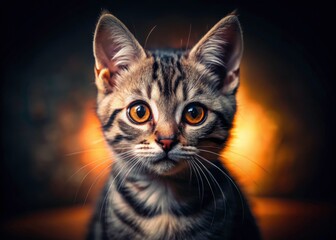 Adorable American Shorthair Kitten Low Light Photography, Cute Cat Portrait, Nighttime Pet Photo
