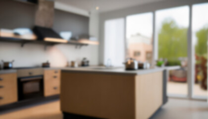 A blurry image of a stylish and modern kitchen, with wooden shelves and stainless steel appliances, offering a sophisticated and functional design.
