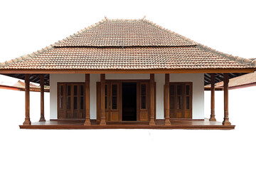 Obraz premium Traditional House With Wooden Structure Tiled Roof Open Doors And Columns On A Transparent Background
