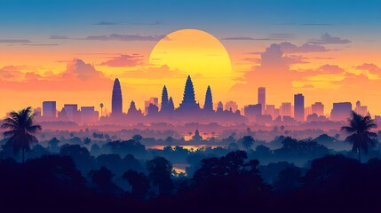 Flat vector Cambodia city skyline silhouette, featuring cultural heritage and modern skyscrapers