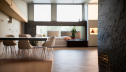 A blurry image of a modern and elegant interior, featuring a minimalist dining area with white chairs and a cozy atmosphere with soft lighting.