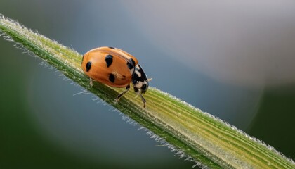 Fototapeta premium Ultra-macro image of a ladybug on a blade of grass, highlighting its tiny black spots, glossy red shell, and delicate legs, with a sharp focus on intricate textures and natural reflections.