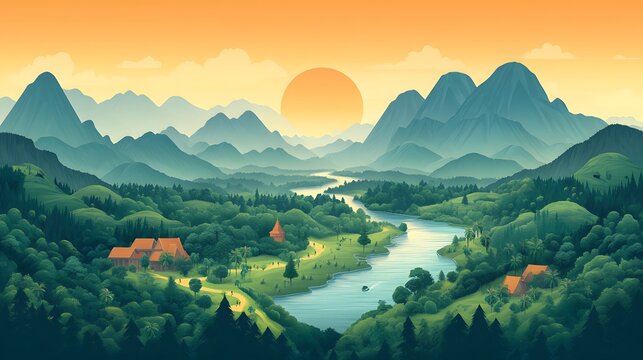 Creative flat vector Cambodia landscape map highlighting famous natural attractions, rivers, and forest areas
