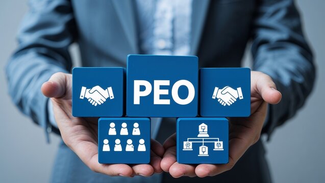 Concept of PEO Professional Employer Organization. Business HR Human Resources.,Businessman using virtual touchscreen presses inscription: PEO. Professional Employer Organization (PEO Business Concept