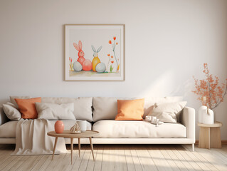 Minimalist modern living room interior with Easter and spring inspiration. Light walls, light couch with colorful pillows and bunny artwork on the wall. Easter interior decor