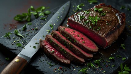 Cooked Venison Backstrap Roast with Herbs, Sliced on Knife, Generative AI