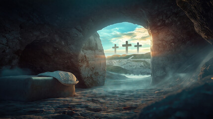 Easter, 3 crosses, the moment after Jesus Christ left his tomb, a beautiful sunrise