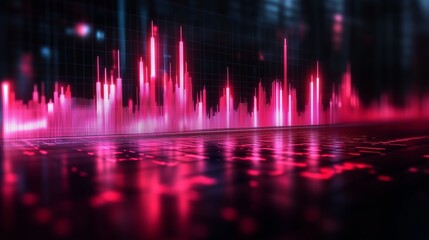 A digital representation of financial market fluctuations, featuring glowing red stock charts and a futuristic grid.