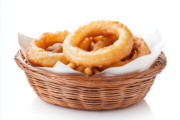 Crispy fried onion ring in basket isolated on white background, Selective focus onion ring fries for snack on white background.