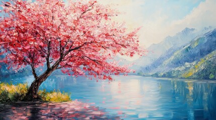 oil painting landscape, oriental cherry tree, sakura on the lake