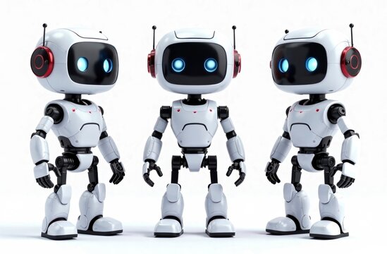 Three cute white robots with blue eyes in a neutral background