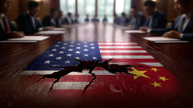 A shattered American flag on a conference table, with diplomats in the background signing new agreements