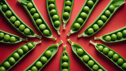 Fresh Green Pea Pods Laid Out on Vibrant Red Background, Generative AI