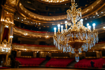 Obraz premium Ornate chandelier hangs above a grand theatre, its crystals shimmering in the soft light, casting a warm glow on the plush red seating below.