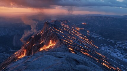 Volcanic eruption sunset mountain landscape aerial