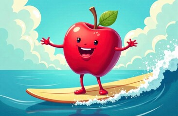 Cheerful red apple surfing cartoon on ocean wave under sunny sky