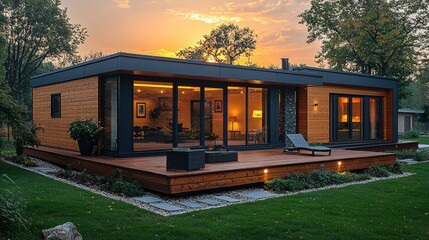 Fototapeta premium Modern prefabricated home with wooden facade and large glass walls