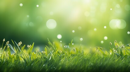Fototapeta premium Spring background with green grass and a bokeh light blur. 