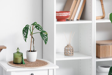 Shelving unit with decor and Monstera houseplant on bedside table in bedroom